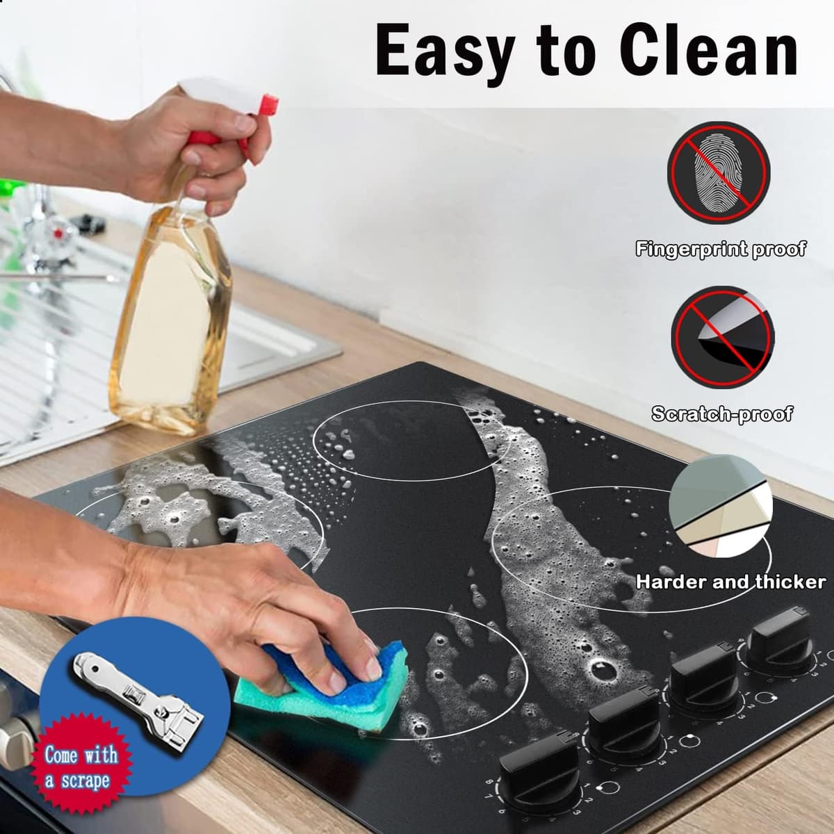 Karinear Ceramic Hob, 60cm Built-in 4 Zones Ceramic Hob with Konb Control 6000W, Hard Wired, No Plug Included — view 4