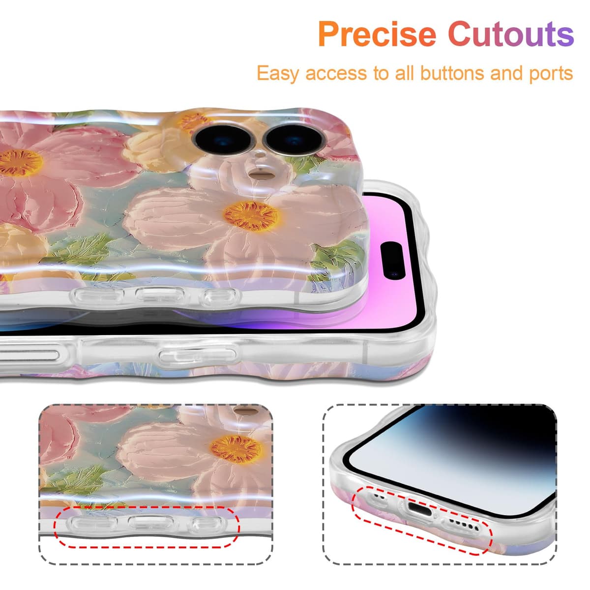 EYZUTAK Case for iPhone 16, Colorful Retro Oil Painting Printed Flower Laser Glossy Pattern Cute Curly Wave Edge Exquisite Phone Cover Stylish Durable TPU Protective Case for Girl Women-Green — view 5