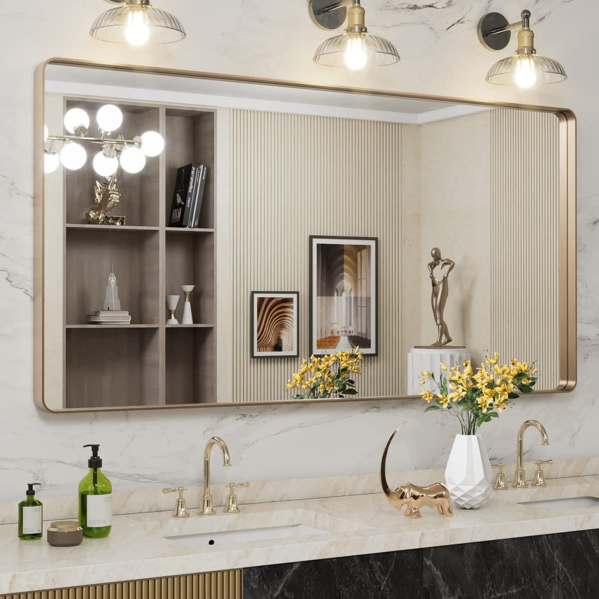 LOAAO 48”X36” Gold Bathroom Mirror, Rounded Rectangle Gold Frame Mirror, Brushed Gold Bathroom Vanity Mirror Wall-Mounted, Anti-Rust, Tempered Glass, Hangs Horizontally or Vertically — view 58