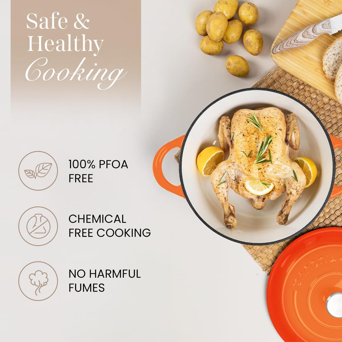 Nuovva Enamelled Cast Iron Dutch Oven Pot with Lid – 5 Quart Casserole Dish – Ceramic Dutch Oven for Bread Baking, Roasting, Braising & Stews – Oven Safe up to 500°F – 24cm Orange — view 4