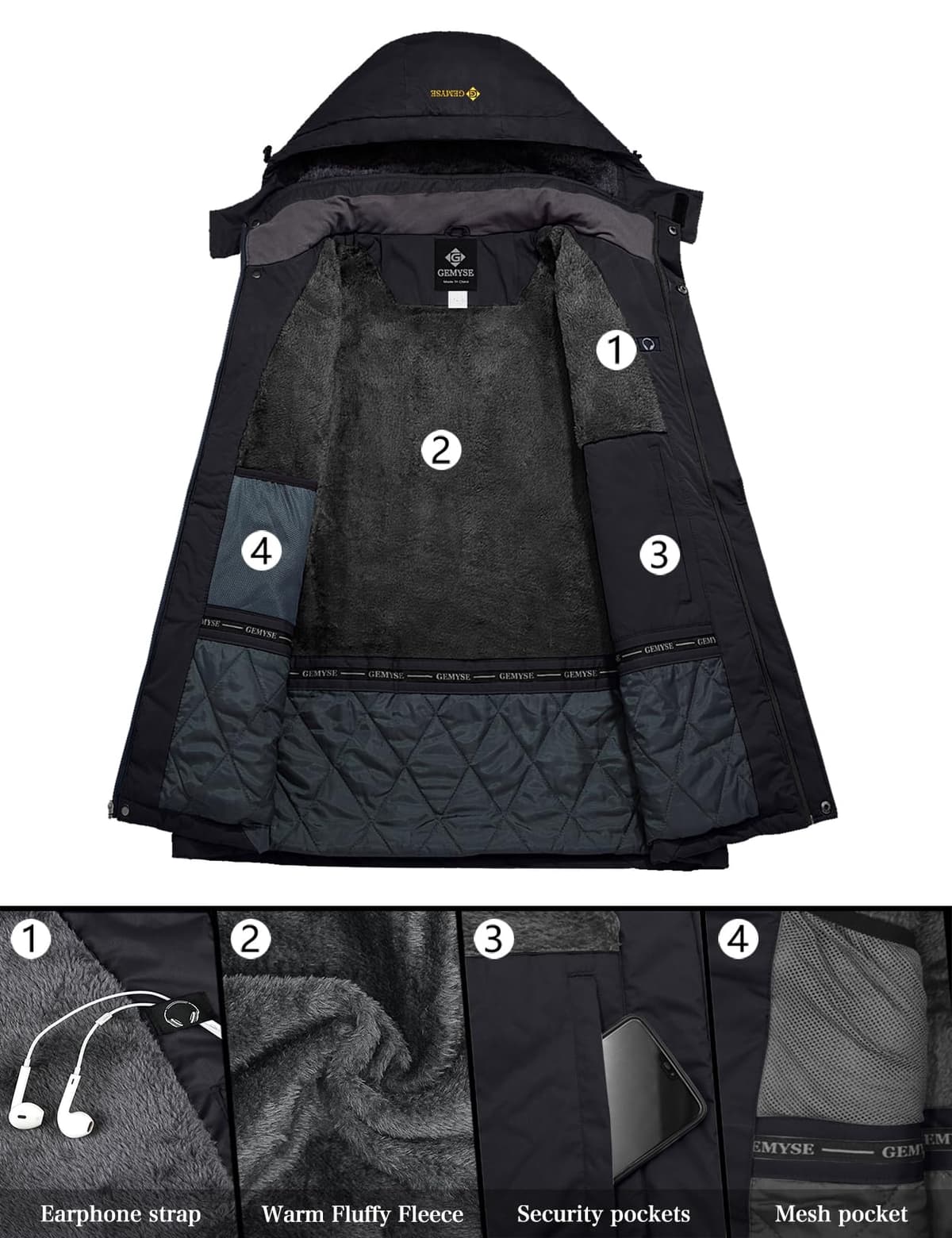 GEMYSE Chaqueta de Esquí Impermeable de Montaña para Hombre Abrigo de Invierno al Aire Libre de Lana a Prueba de Viento con Capucha — view 5