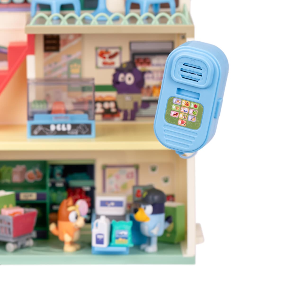 Bluey Supermarket Playset, 3 Different Levels With Exclusive Bluey and Bingo Figures. Includes Working Escalator, 24 Sounds and 15+ Play Pieces Plus Fun Intercom, Over 40cm (15") Tall. — view 7