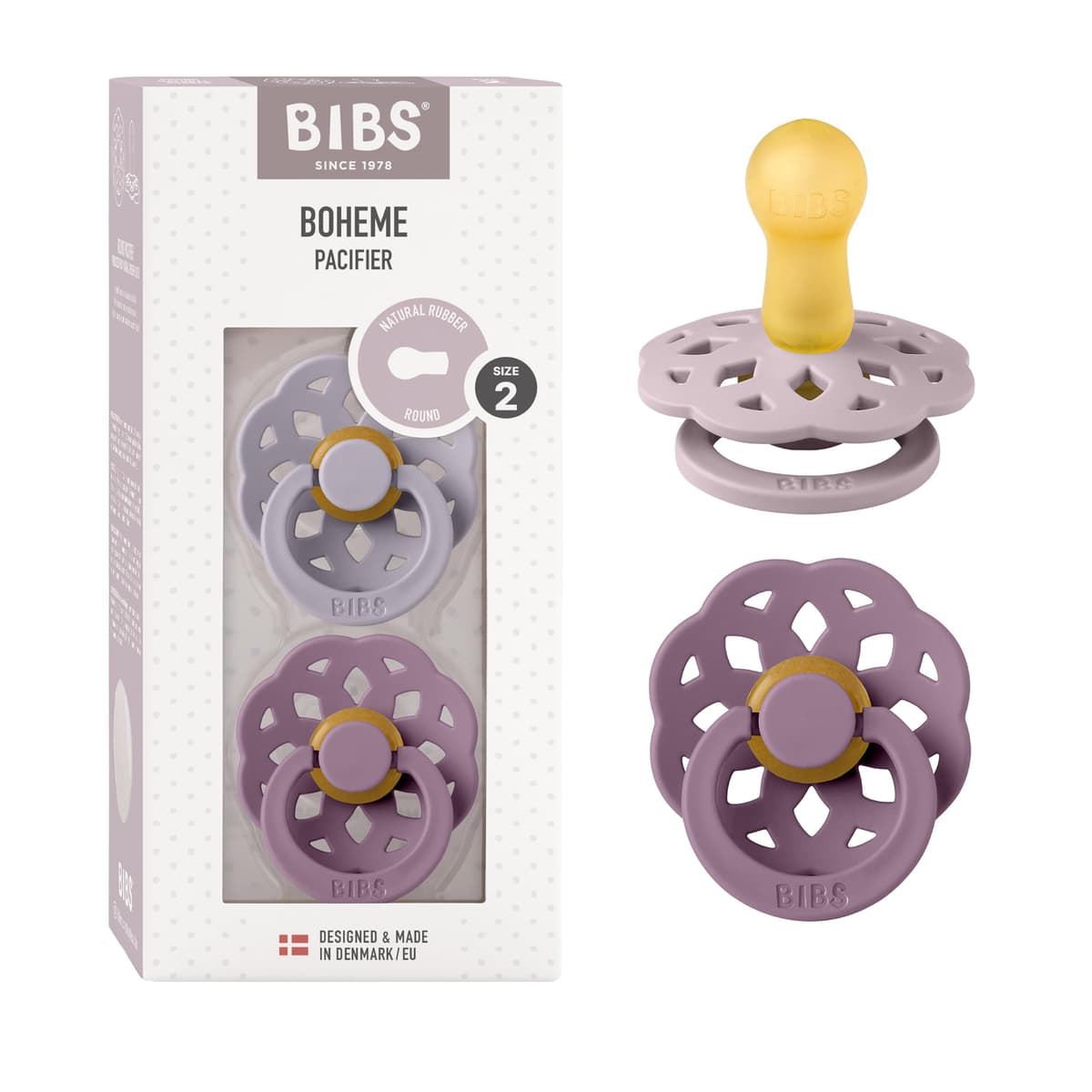 BIBS Boheme Soother 2-Pack. BPA Free. Round Nipple. Natural Rubber Latex, Made in Denmark. Size 2 (6-18 Months), Blossom/Dusky Lilac — view 25