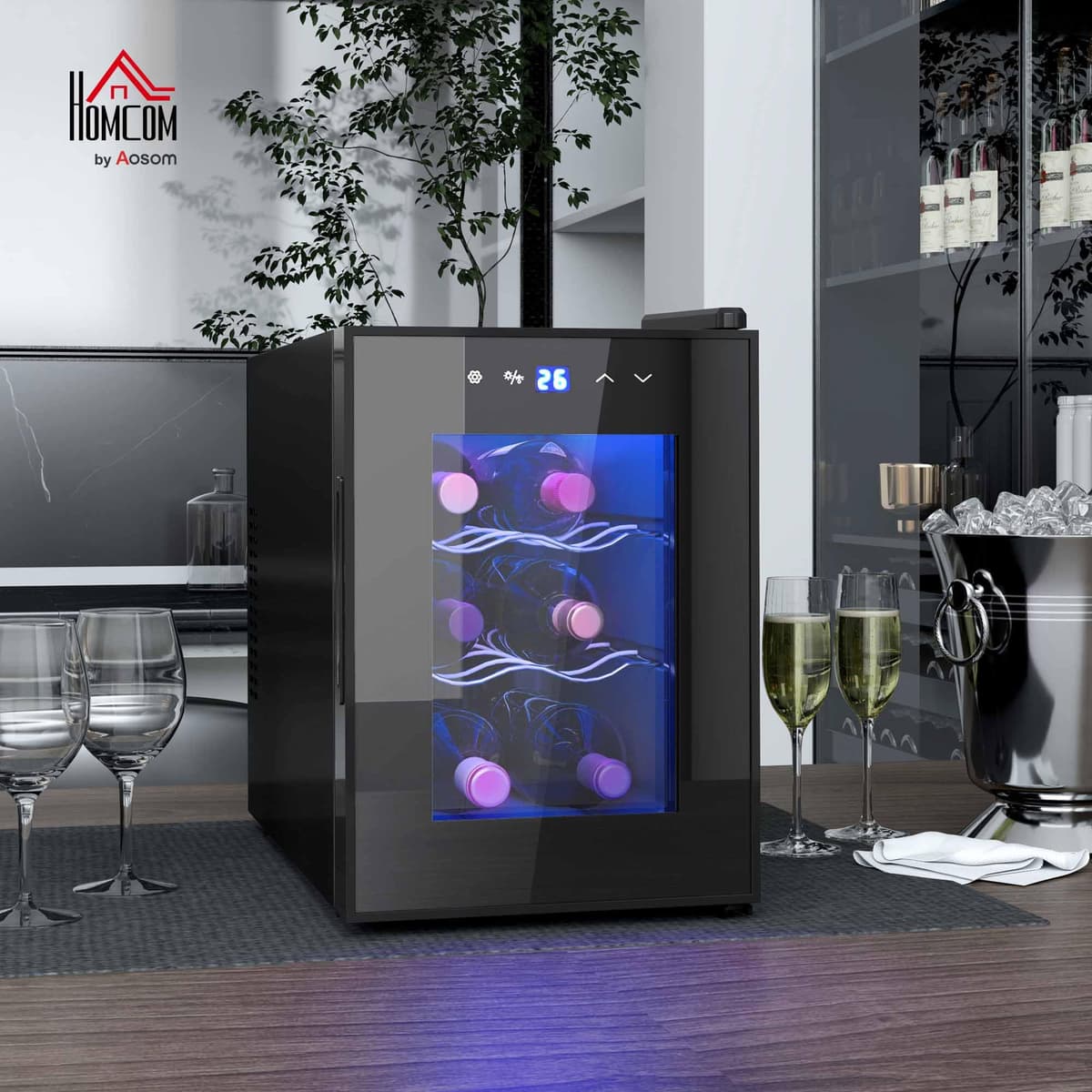 HOMCOM Vinoteca 6 Botellas, Nevera para Vinos con Doble Refrigeración Termoeléctrica, Temperatura Ajustable 8-18℃, Puerta de Vidrio, Anti-UV, Pantalla LED, Luz Interior, Negro — view 2