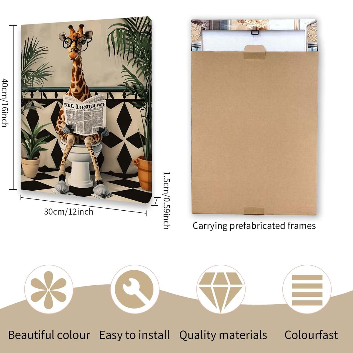 Qiukoo Wall Art Funny Giraffe Toilet Print – Framed Canvas Artwork for Bathroom Pictures and Decor, Waterproof Toilet Wall Art with Frame and Hanging Hooks, 12x16 Inch — view 2