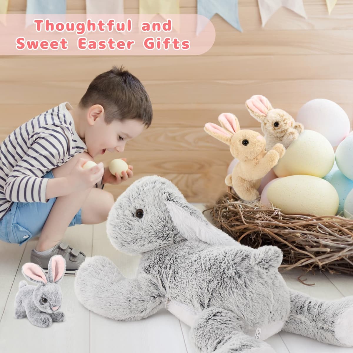 MorisMos Giant Easter Bunny Teddy Soft Toy, 60cm Cuddly Rabbit Teddy with 3 Baby Inside, Big Fluffy Bunny Stuffed Animals Gift for Kids Girlfriend Birthday Easter Decorations — view 5