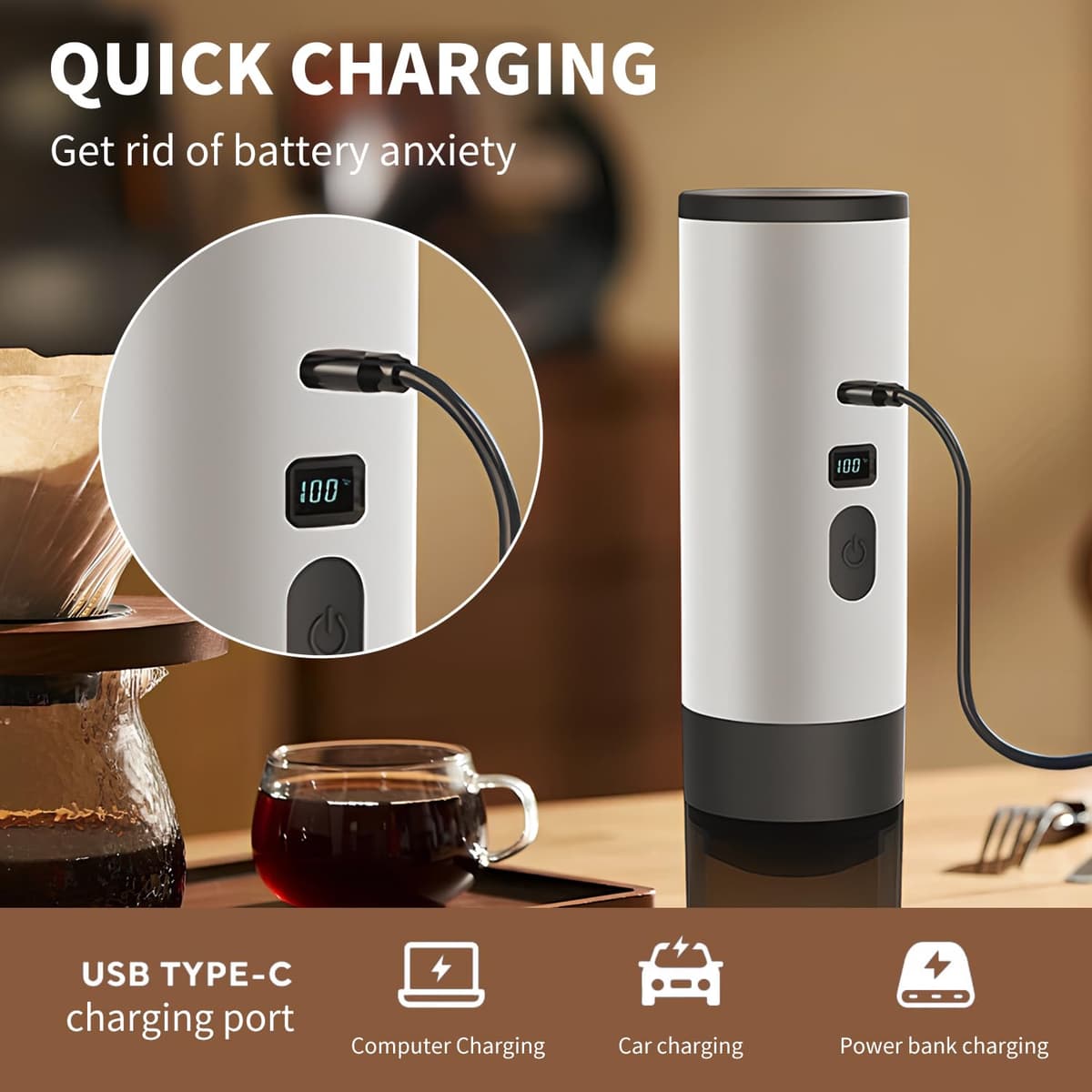 3-in-1 Portable Coffee Maker, 15 Bar Portable Espresso Machine with LED Display and 90ml Sink, Compatible with Ground Coffee & Capsules(Ns&DG) for RV, Hiking, Office, Auto-Heating, USB-C (Purple) — view 5