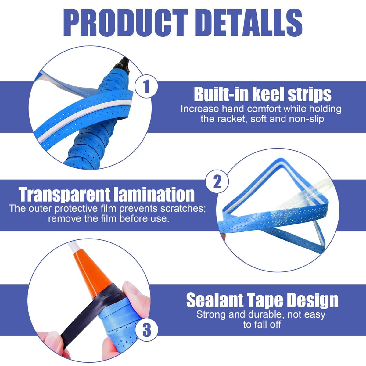 Agarre de Raqueta de Bádminton - 4 Pcs Antideslizante Raqueta de Tenis Cinta - 110 × 25 mm, Transpirables y Antideslizantes para Raquetas de Bádminton y Tenis (Blanco, Azul, Verde Fluorescente, Negro) — view 3