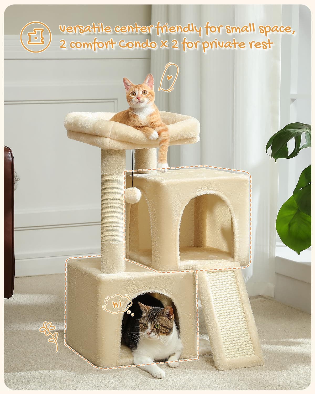 PETEPELA Cat Tree 77cm with Dual Condos for Indoor Cats, Small Cat Tower with Removable Perch and Scratching Posts Pad, Beige — view 5