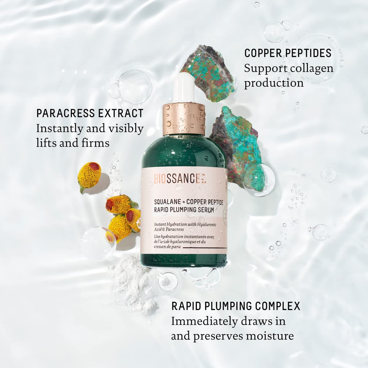 Biossance Squalane + Copper Peptide Rapid Plumping Serum 12ml - Face Serum for All Skin Types - Visibly Plumping + Firming Skin, Fine Lines + Wrinkles, Vegan Copper Peptides, Hyaluronic Acid — view 3