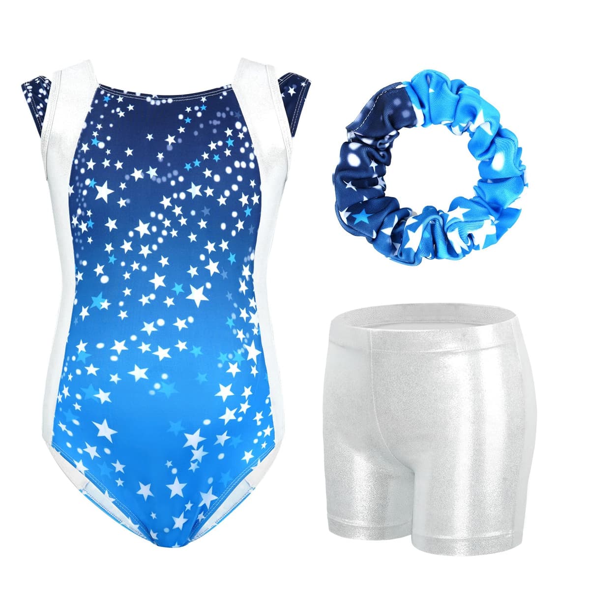 Gogokids Conjunto de gimnasia de tres piezas para niña, cuello en Y, sin mangas, con pantalones cortos y diadema, traje de gimnasia con diseño de bloques de color azul y morado, 3-12 años — view 16
