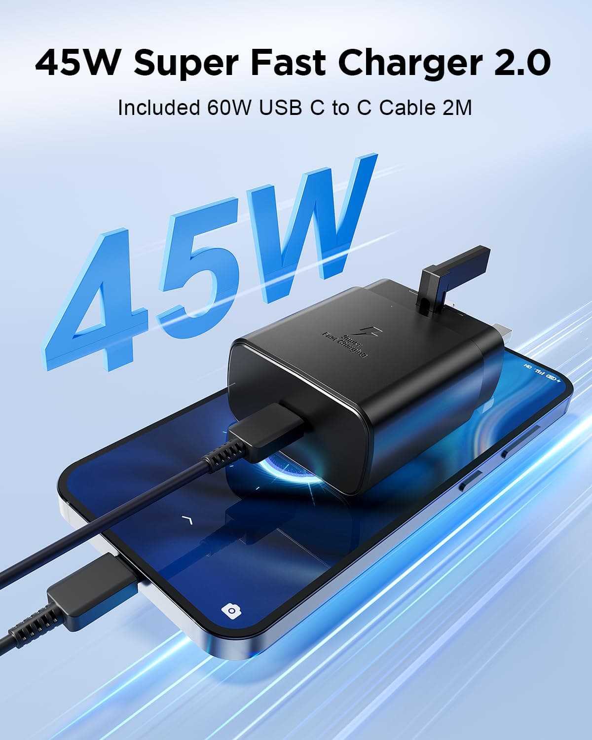 45W Samsung Fast Charger Plug USBC and Cable 2M for Galaxy S26 S25 Ultra S24 S23 S22 S21 FE A17 A16 A15 A22 A25 A26 A32 A33 A34 A35 A36 A53 A54 A55 A56, Samsung USB C Charger Plug UK Type C Charger — view 2