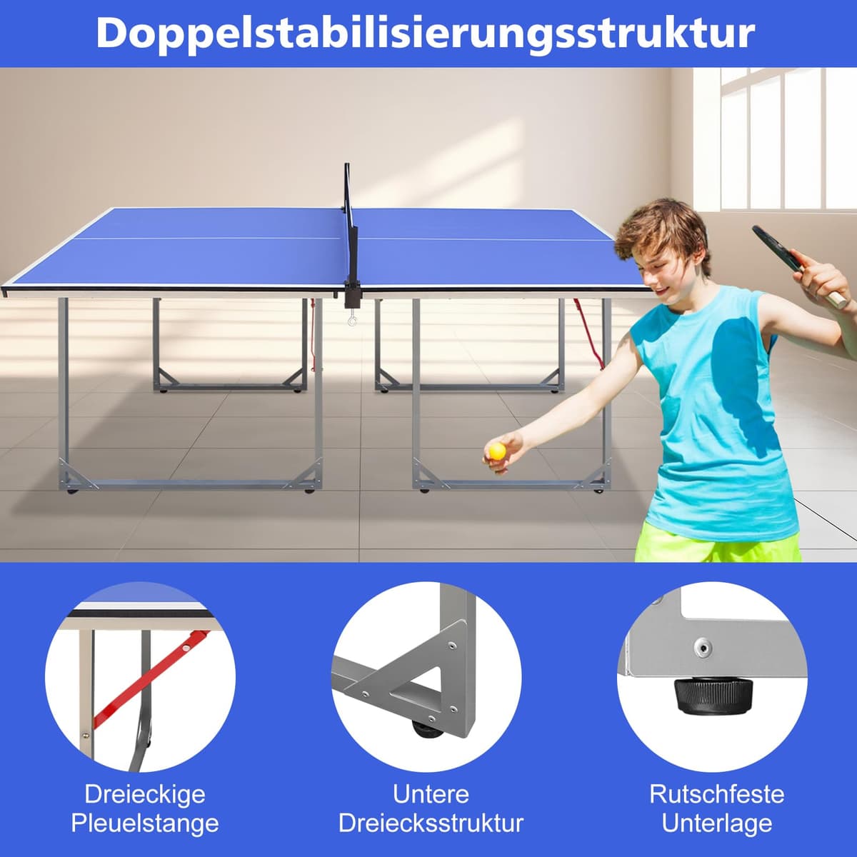 GYMFLEX Mesa de ping pong plegable, 182 cm x 91 cm, mesa de ping pong multifuncional, incluye red, 2 raquetas de ping pong y 3 pelotas — view 3