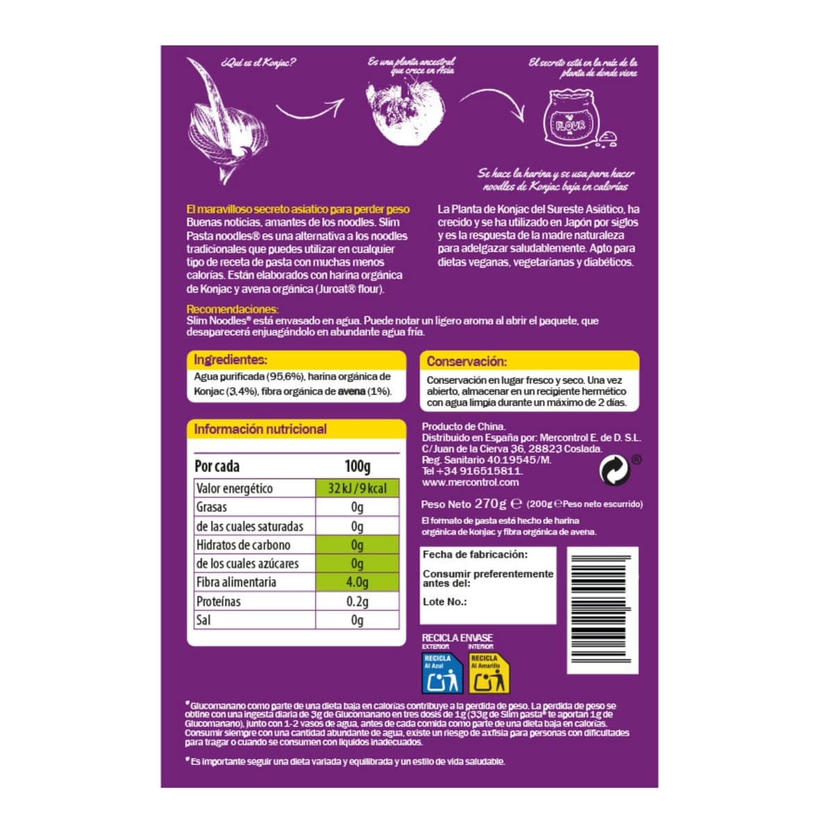 Slim Pasta - Pack Italia de 6 Unidades de Pasta Konjac - 270 g - Sin Calorías ni Carbohidratos - Ideal para Dietas Keto y Low Carb - Apto para Veganos - Elaborado con Fibra de Avena y Harina de Konjac — view 3
