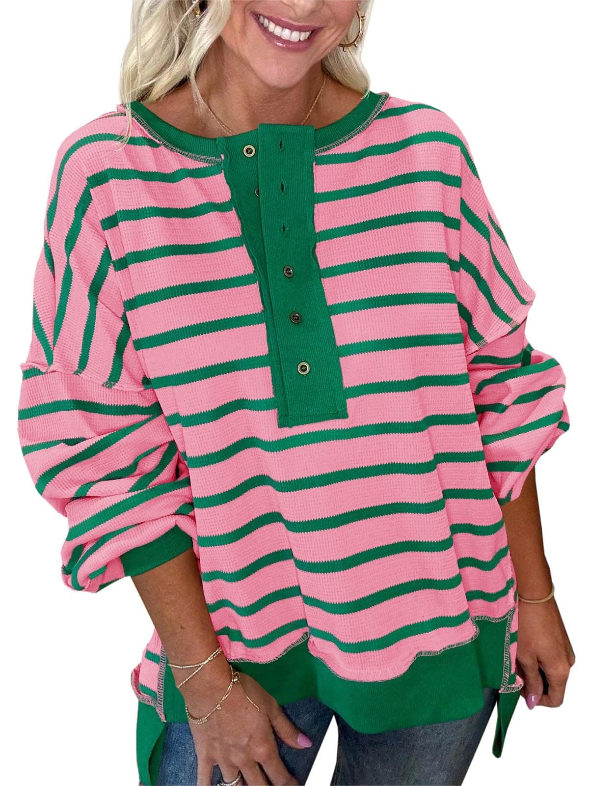 Sudaderas de gran tamaño para mujer, a rayas, estilo Henley, con bloques de color, informal, de punto gofre — view 5