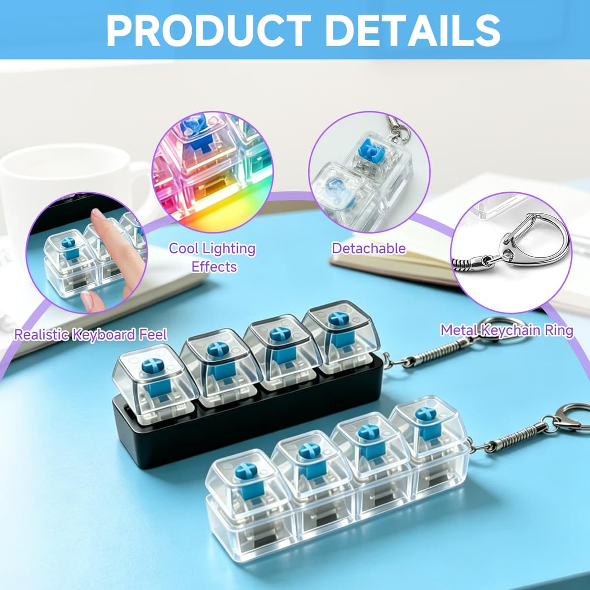 2 Pezzi Tastiera Fidget, Portachiavi Quattro Tasti, Giocattoli Antistress Gradient Clicker Pulsante, Fidget Toys per Adulti, per Alleviare lo Stress, Tempo Libero, Ufficio — view 3