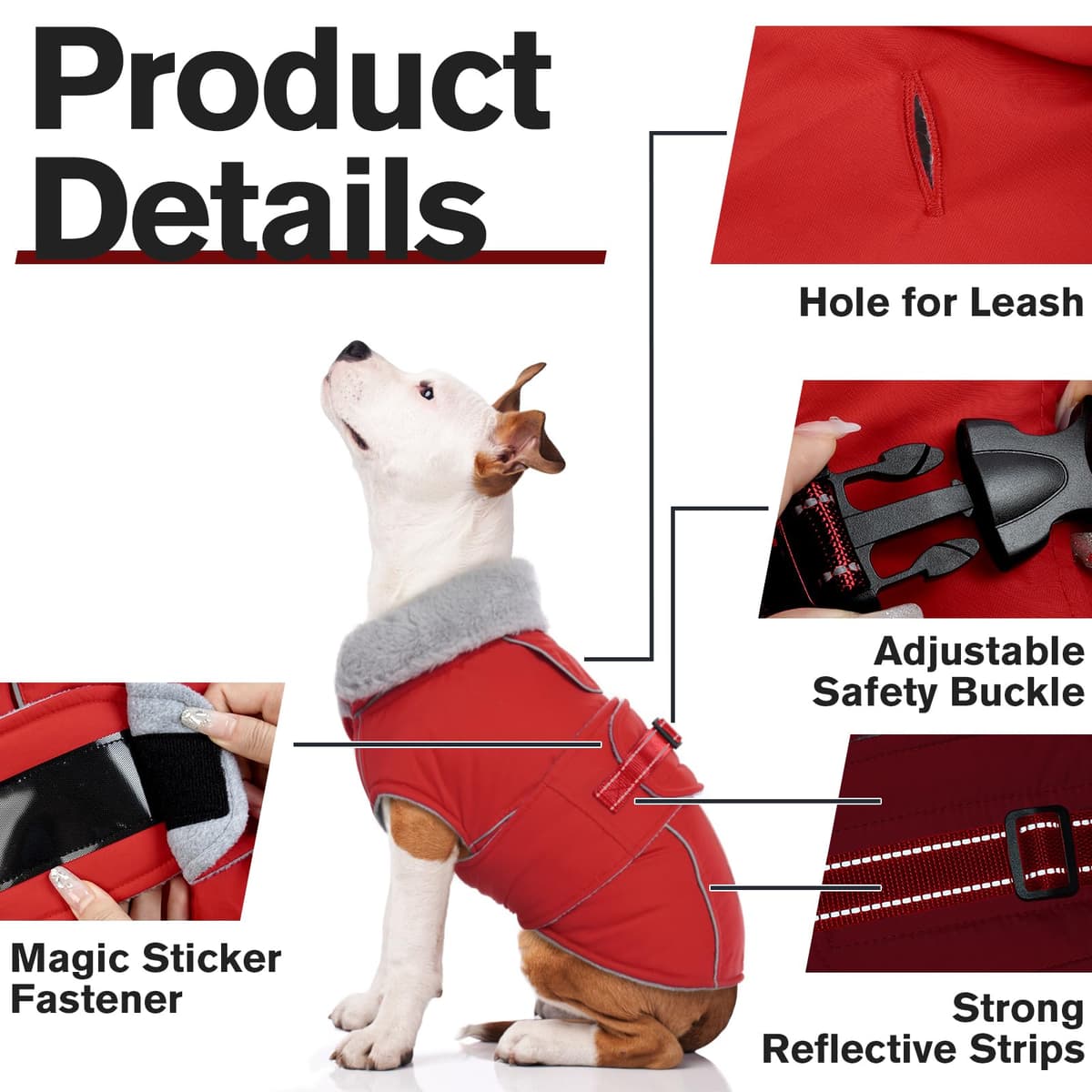Lelepet Warm Coats and Jackets for Dogs, Waterproof Winter Dog Coat for Cold Weather, Reflective Dog Puffer Jacket, Fleece Lining Pet Coat with Harness Hole for Medium Dogs, Red M — view 5
