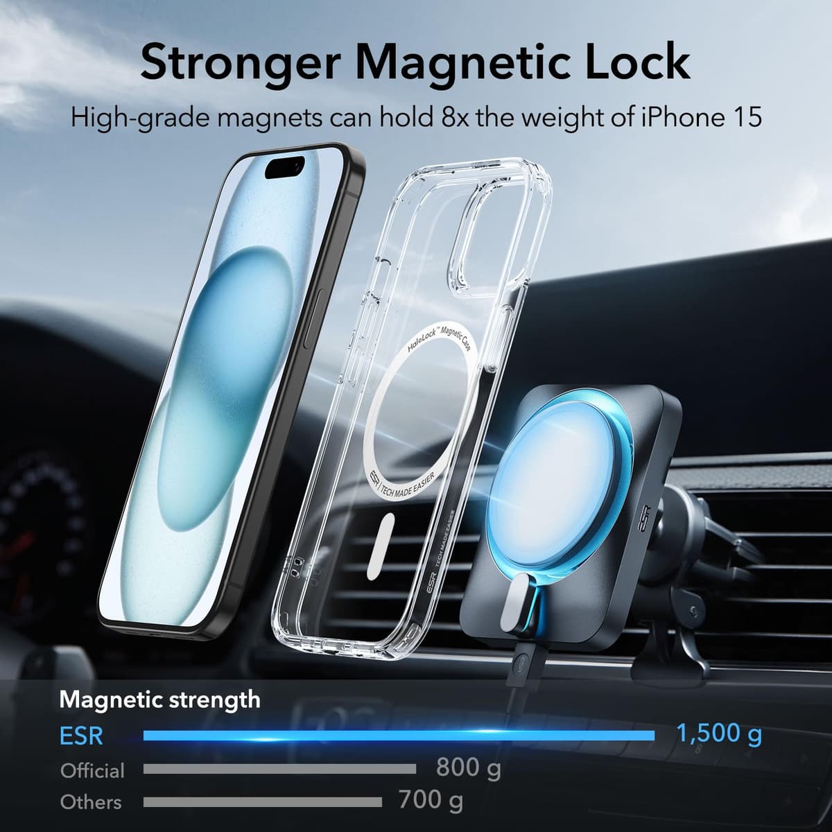ESR Funda para iPhone 15, Compatible MagSafe, Protección Grado Militar a Prueba Golpes, Funda Magnética para iPhone 15, Funda Híbrida Classic (HaloLock), Transparente — view 2