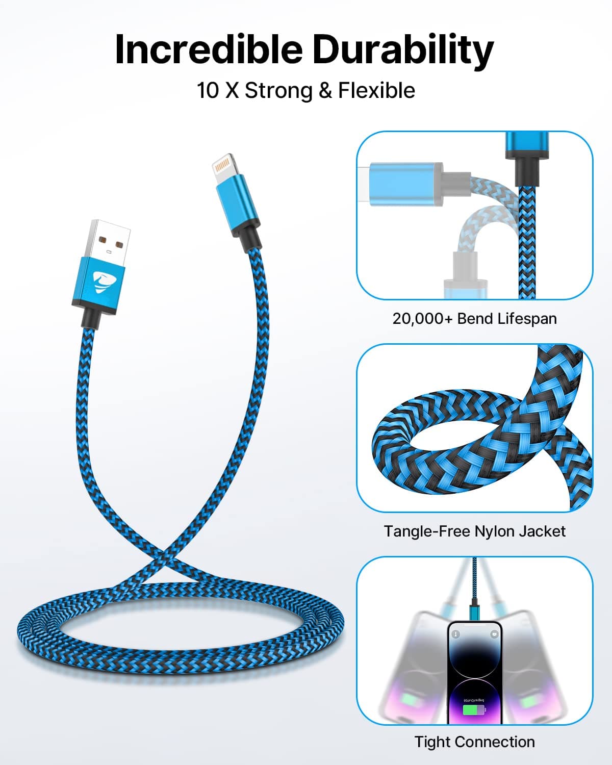 3Pack 2M iPhone Charger Cable, Long iPhone Charging Cable MFi Certified Lightning Cable Fast Charging Cord Braided i Phone Charger Lead USB Cord for Phone 14 13 12 11 Pro Max XS XR 8 7 6 SE, iPad — view 8