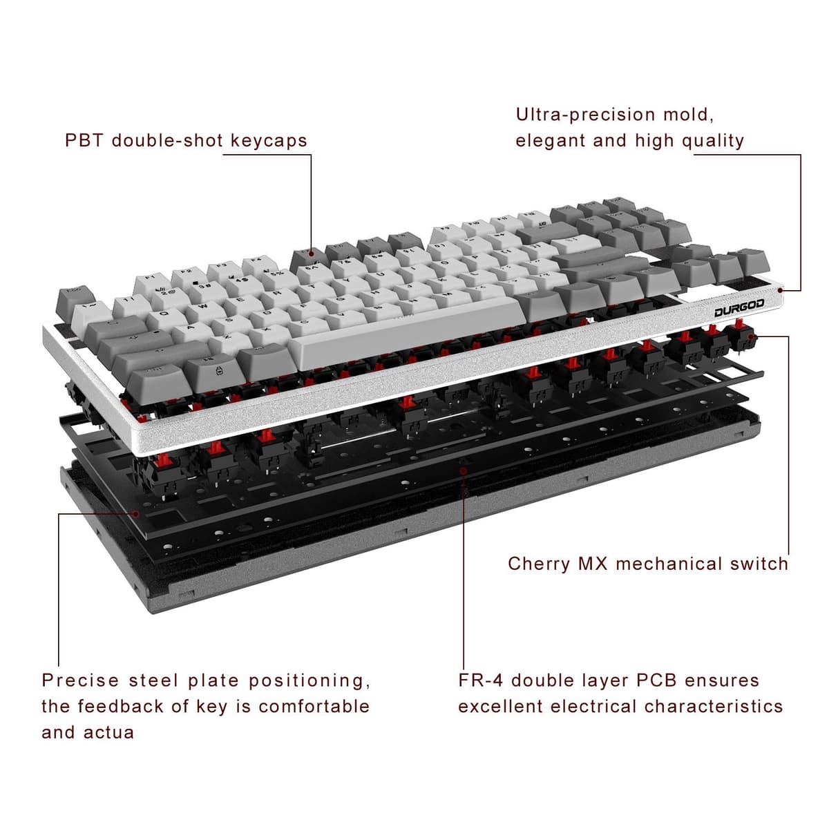 Durgod Taurus K320 TKL Mechanical Keyboard | 87 Keys Tenkeyless | USB C Wired | Doubleshot PBT Keycaps | Programmable Keys | NKRO Rollover | Windows & Mac | Cherry MX Brown, White — view 4