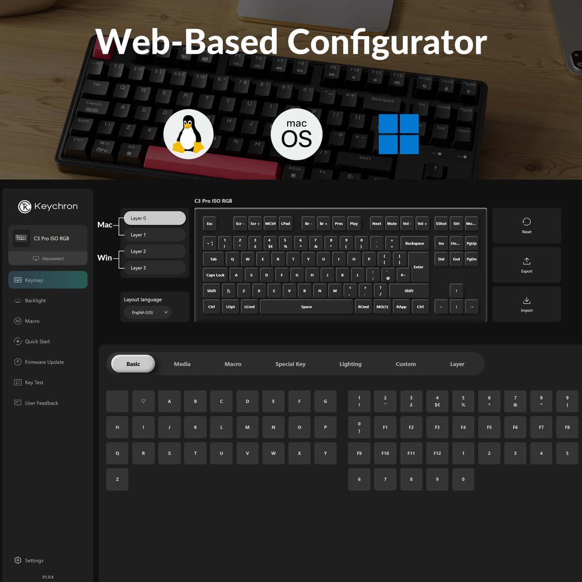 Keychron C3 Pro Wired Mechanical Keyboard - ISO UK Layout, 87 Key TKL Compact, Gasket Mount, QMK/VIA Programmable, Red Switches, Red Backlight, for Mac Windows Linux Gaming — view 4