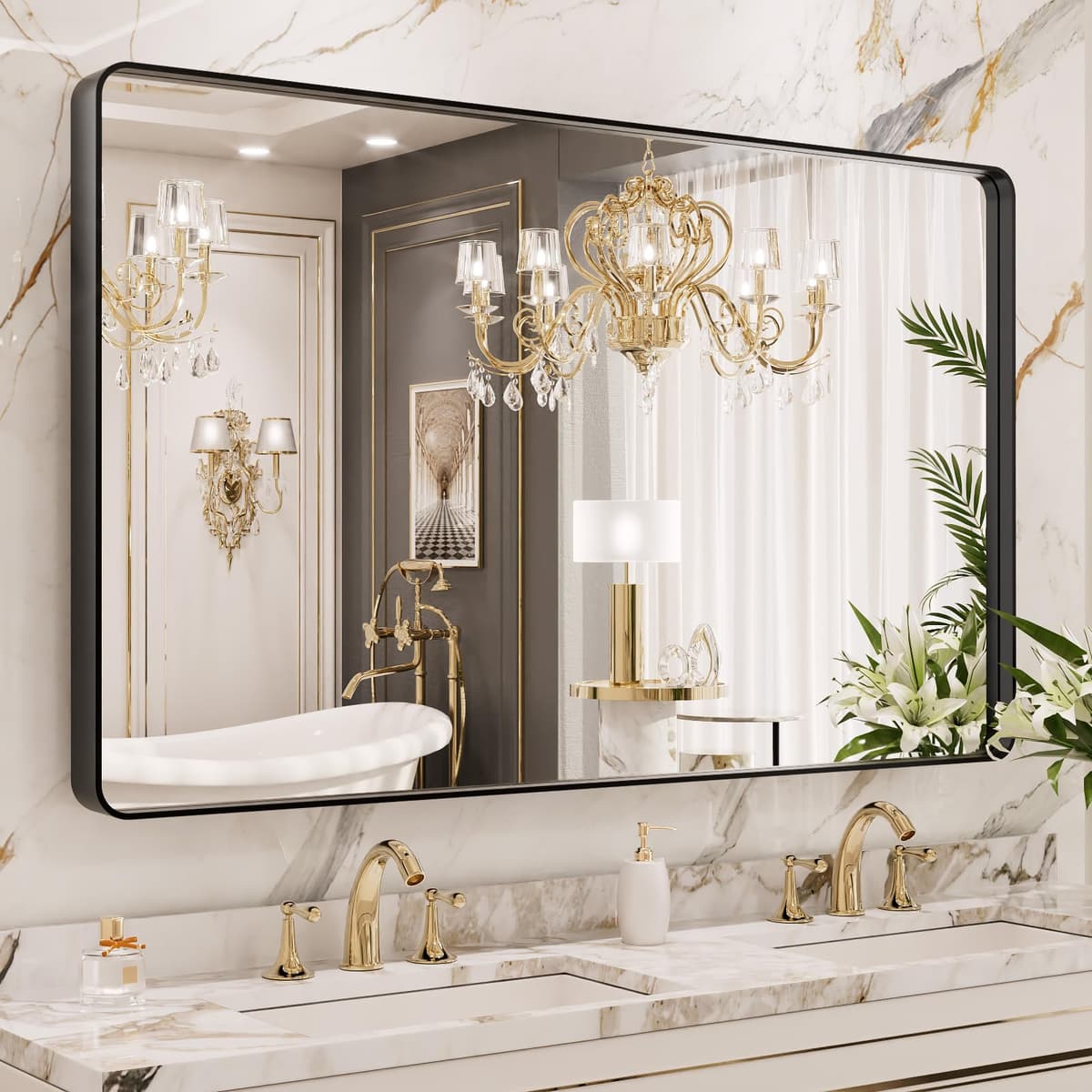 LOAAO 48”X36” Gold Bathroom Mirror, Rounded Rectangle Gold Frame Mirror, Brushed Gold Bathroom Vanity Mirror Wall-Mounted, Anti-Rust, Tempered Glass, Hangs Horizontally or Vertically — view 82