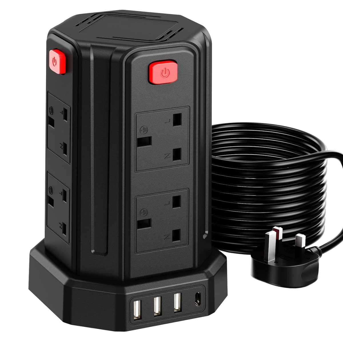 Tower Extension Lead 3M (3250W 13A) Extension Tower 8 AC Outlets & 4 USB Ports, Surge Protection Extension Lead with 4 Independent Switch, 17W USB C Ports Extension Cable 3M for Office, Home, Kitchen — view 14