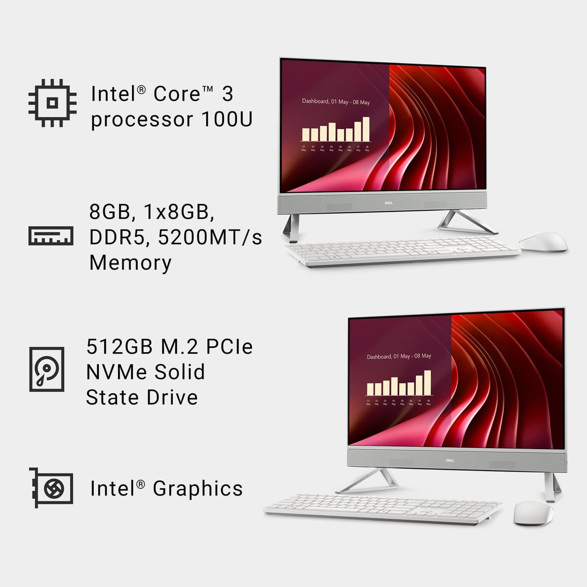 Dell 24 All-in-One Desktop ec24250-23.8-inch FHD Display, Intel Core 3 Processor 100U, Intel Graphics, 8GB DDR5 RAM, 512GB SSD, Windows 11 Home, Onsite Service+6 Months Retail Migrate - White — view 9
