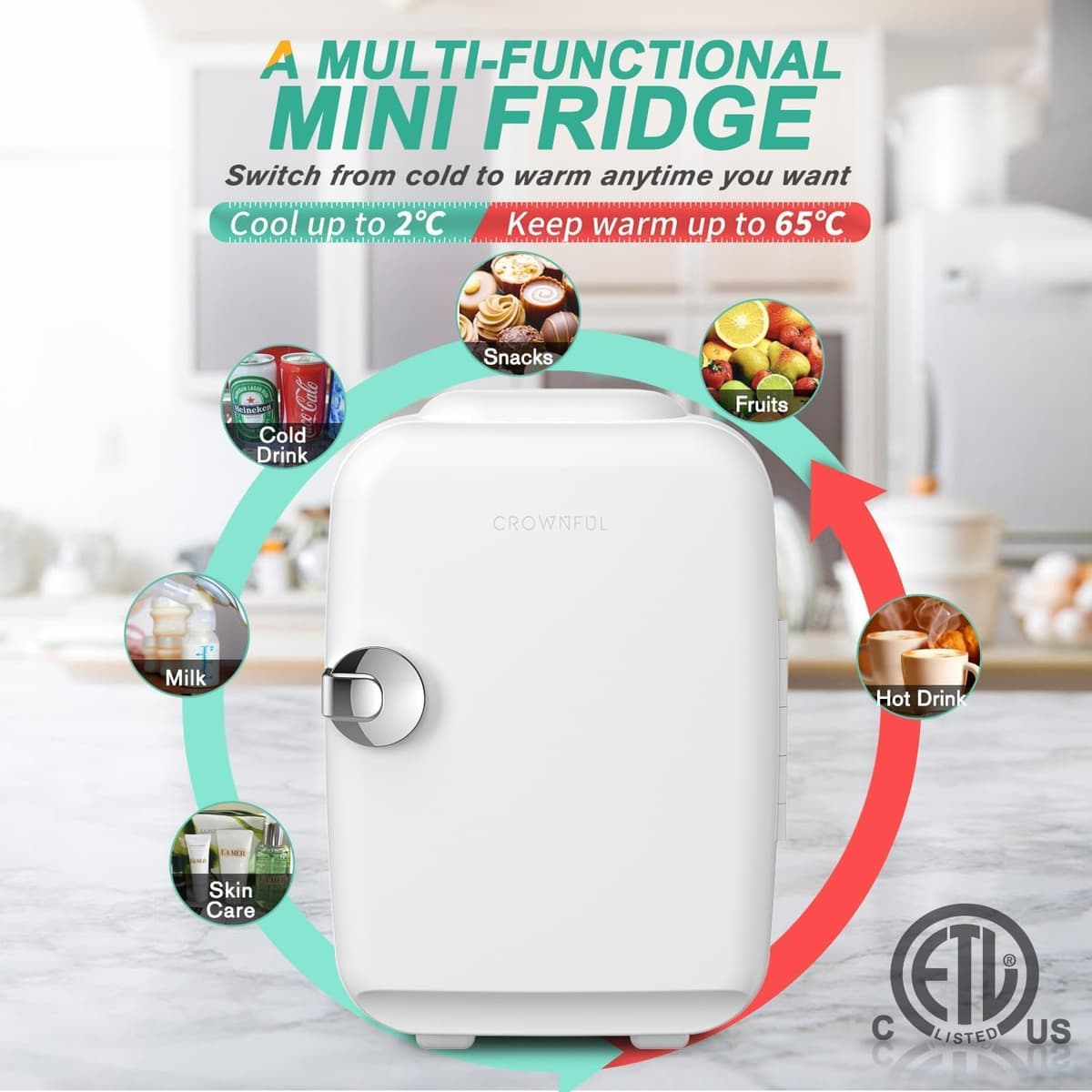 CROWNFUL Mini Fridge, 4 Liter 6 Can Portable Cooler and Warmer, Personal Fridge for Skin Care, Cosmetics, Food, Great for Bedroom, Office, Car, Dorm, ETL Listed (White)