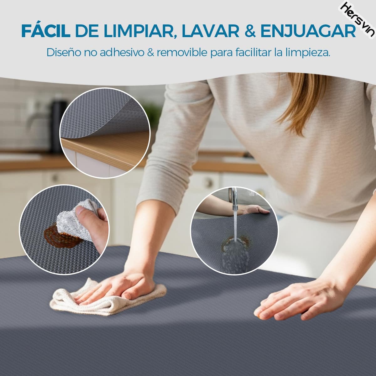 Hersvin 45cmx500cm Plastico Protector para Cocina Cajones, Alfombras Non Adhesivo para Nevera Mueble Fregadero Estante Organizador Cubiertos EVA Cubre Encimera(Gris Oscuro/Punto) — view 6