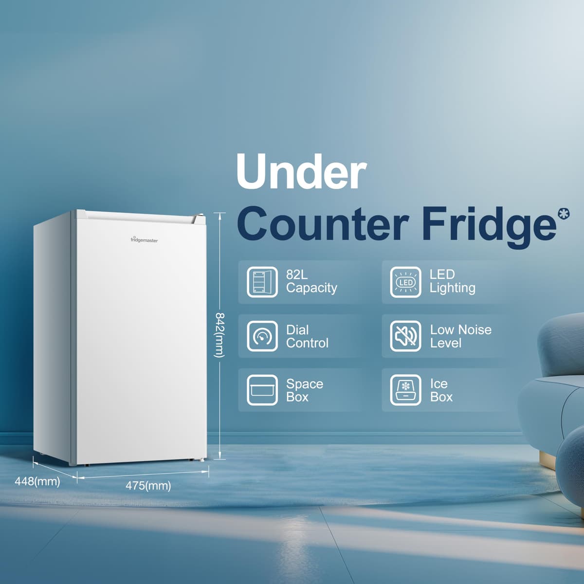 Fridgemaster MUR4894E 82L Under Counter Fridge with LED Lighting, Adjustable Temperature Control, Reversible Door and 3 star Ice Box, White, E rated — view 2