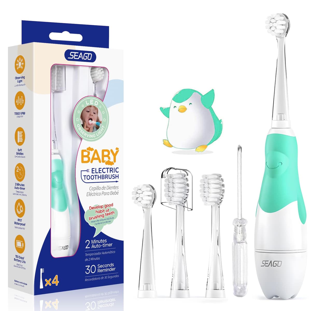 Seago Cepillo de Dientes Infantil Eléctrico Para Niños 3–12 Años Kids Con Luz de Colores,Temporizador Inteligente de 2 minutos,4 Cabezales Suaves SG-EK6/SG-977 (Rosa) — view 11