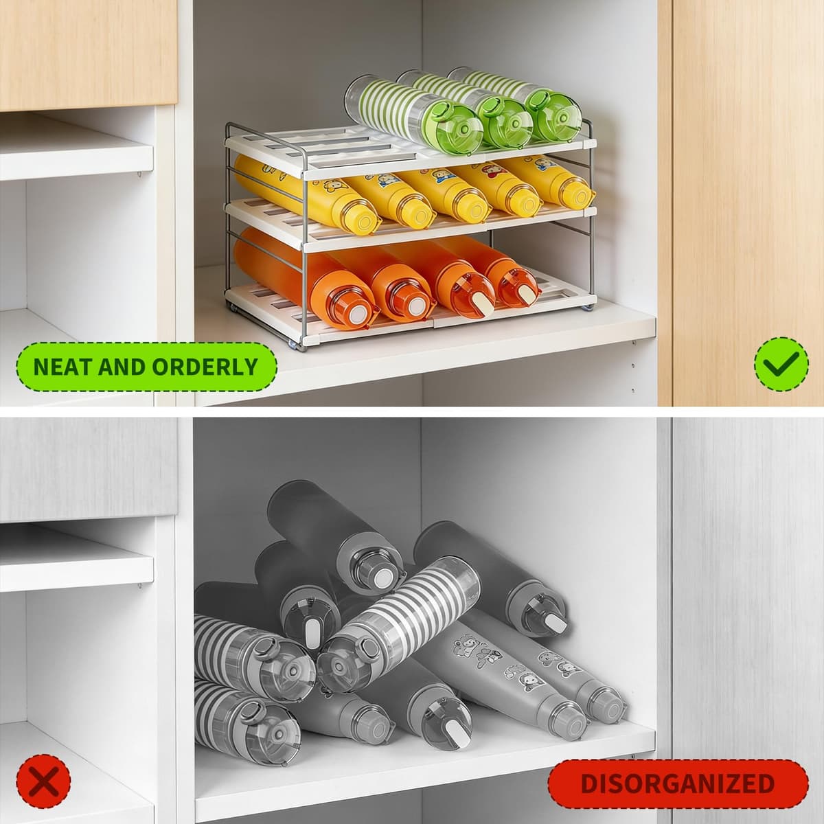 Raxfekro Organizador de botellas extensible para frigorífico, armario y cocina, con compartimentos ajustables para botellas de agua, termos y bebidas (26,5 – 42 cm) — view 4