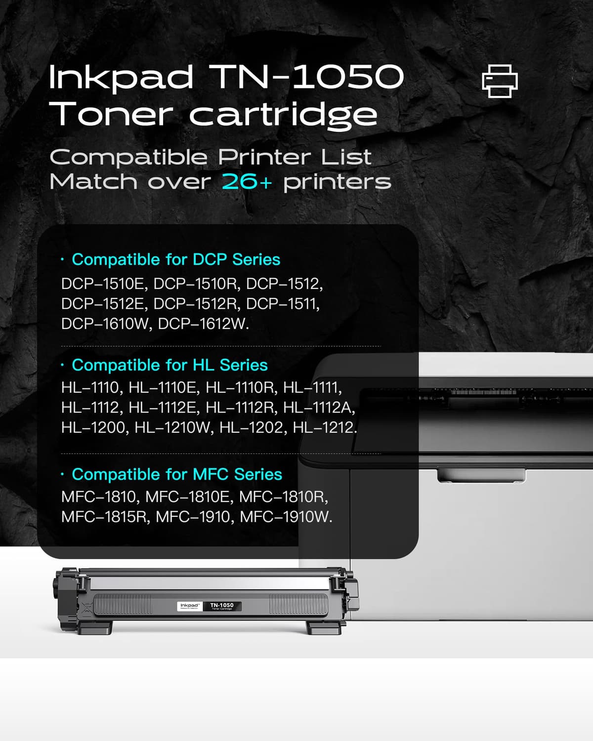 iNKPAD TN1050 TN-1050 Toner Compatible para Brother TN1050 para Brother HL-1210W DCP-1610W HL-1212W DCP-1612W HL-1110 DCP-1510 HL-1112 DCP-1512 MFC-1910W MFC-1810 Impresora (2 Negro) — view 2