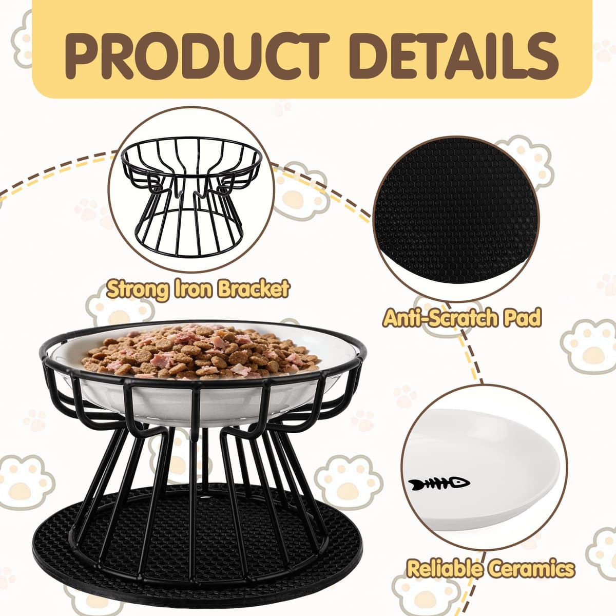 2 Piezas Comedero Gato Elevado Cuenco Cerámica Gato Elevado 10 cm con Soporte y Antideslizante Alfombrilla, Platos para Gatos Elevados para Agua y Comida — view 3