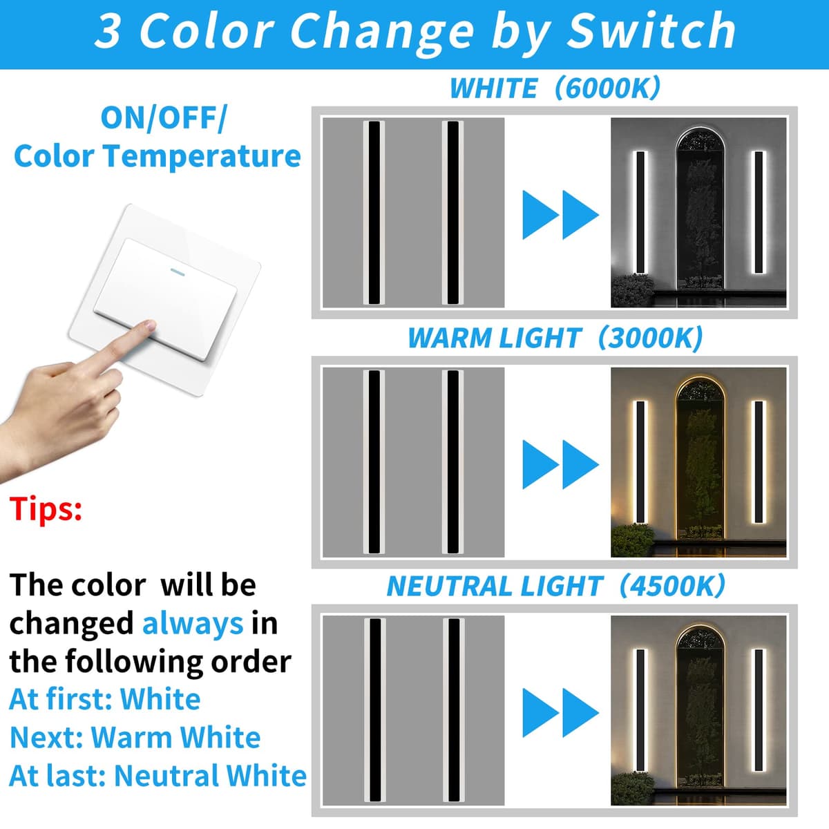 Mikeru 150cm Outdoor Garden Wall Light, 48w Color Change Outdoor Wall Lights Ip65 Rainproof Tricolor 3000k/4500k/6000k Wall Mounted LED Long Wall Lights Mains Powered for Hallway, Villa — view 2
