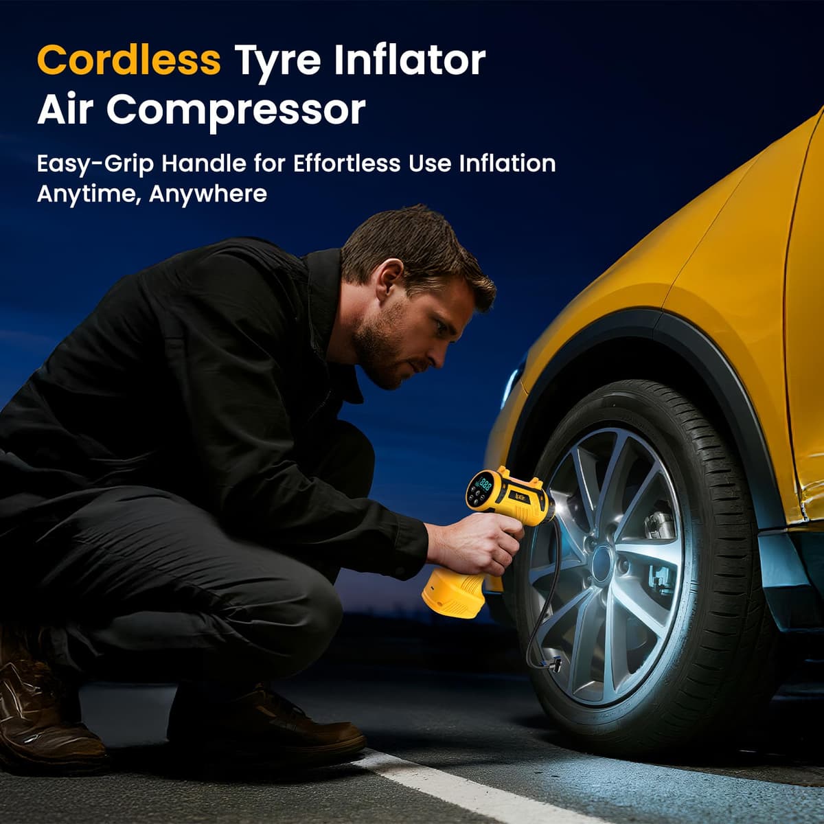Tyre Inflator Air Compressor - 22L/min Portable Car Accessories, Rechargeable Battery Tyre Pump, Digital Cordless Electric Pump with LED Light, 4 Preset Modes for Car/Bike/Motorcycle/Ball — view 2