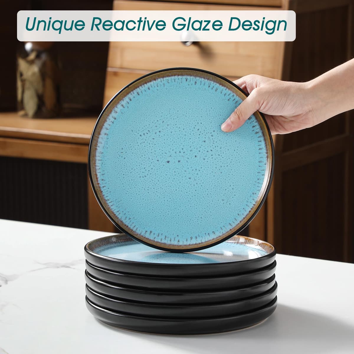 vancasso Amber 18 Pieces Dinner Set for 6, Reactive Glaze Stoneware Plates and Bowls Set, Blue Crockery Set with Dinner Plates, Dessert Plates & Cereal Bowls, Microwave & Dishwasher Safe — view 5