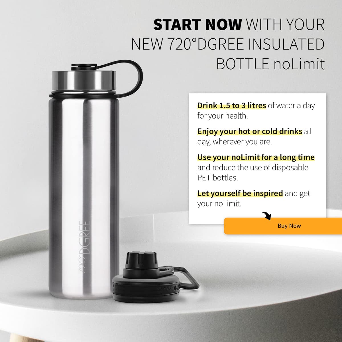 720°DGREE Vaccum Insulated Water Bottle “noLimit“ - 410ml, 530ml, 710ml, 950ml, 1200ml - Leakproof, BPA-Free, Thermo Stainless Steel Flask - Sports, Gym, School, Travel, Carbonated Drinks +Sports-Cap — view 5