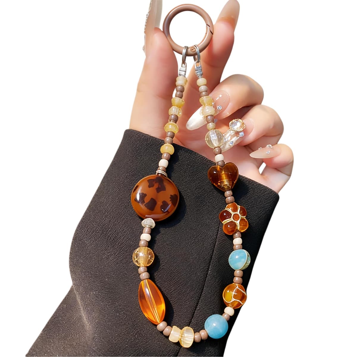 LIFCIUSO Phone Charm with Crystal/Handpainted Bead, Kawaii Hands-Free Wrist Strap for Women Girl, Cute Heart Fluffy Leopard Print Shell Bead, Luxury Bling Diamond Glitter Beaded, Phone Lanyard — view 8