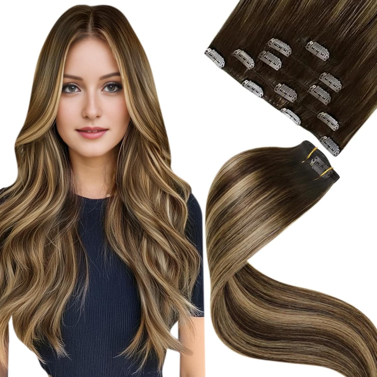 LaaVoo Hair Extensions Clip in Real Human Hair Brown Clip in Hair Extensions Dark Brown Remy Straight Hair Full Head Double Weft 80g 5pcs 14 Inch #4 — view 93