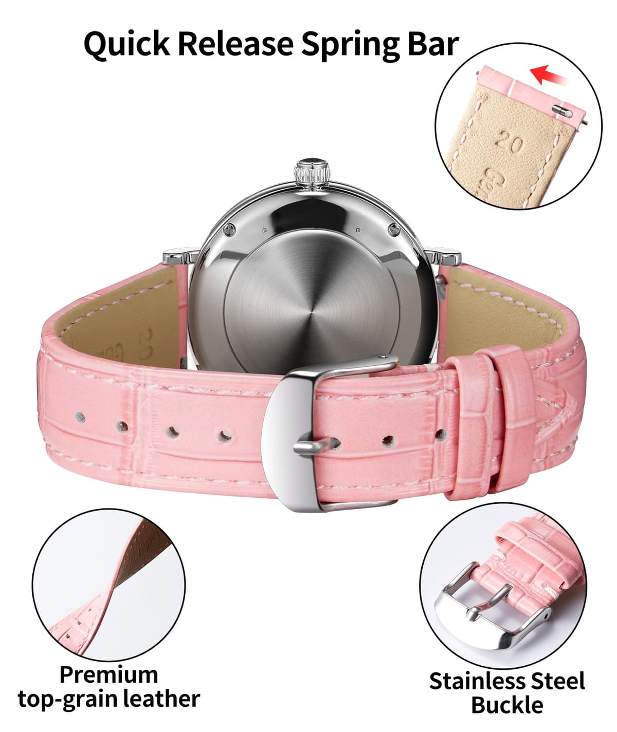 BINLUN Quick Release Leather Watch Straps Replacement Watch Bands Smart Watch Strap Crocodile Pattern in 10 Colors 13 Sizes with Silver/Gold/Rose-Gold Buckle for Men Women(10mm-24mm) — view 3