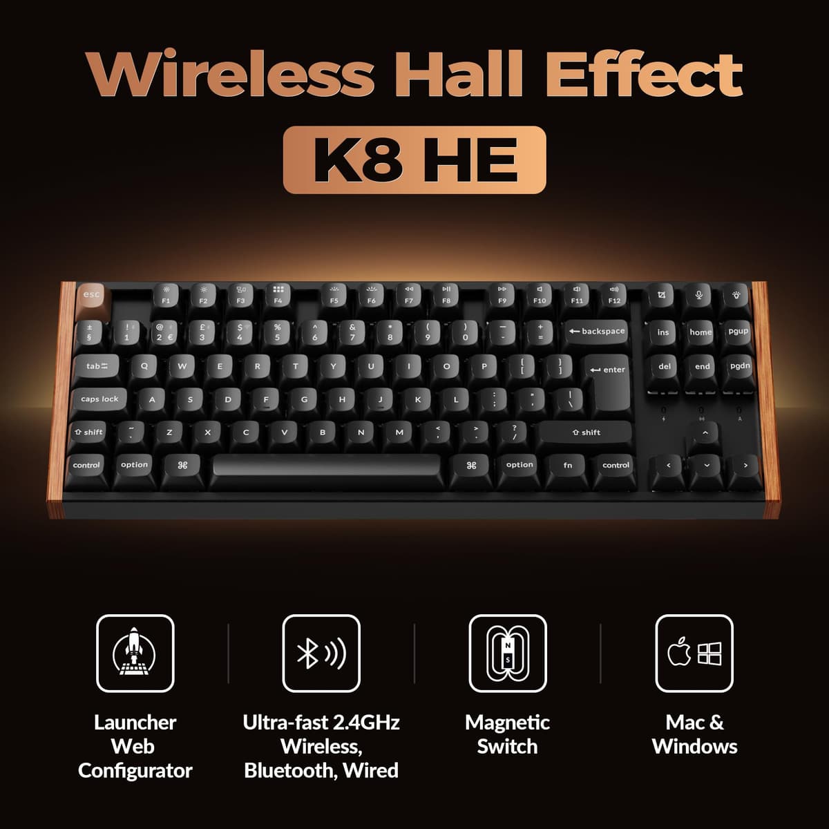 Keychron K8 HE Mechanical Keyboard TKL Wireless Bluetooth 2.4G Wired Triple Mode, Hot Swappable Hall Effect with QMK VIA Aluminum+Wood Frame Rapid Trigger for Mac Windows Linux - Black UK Layout — view 2