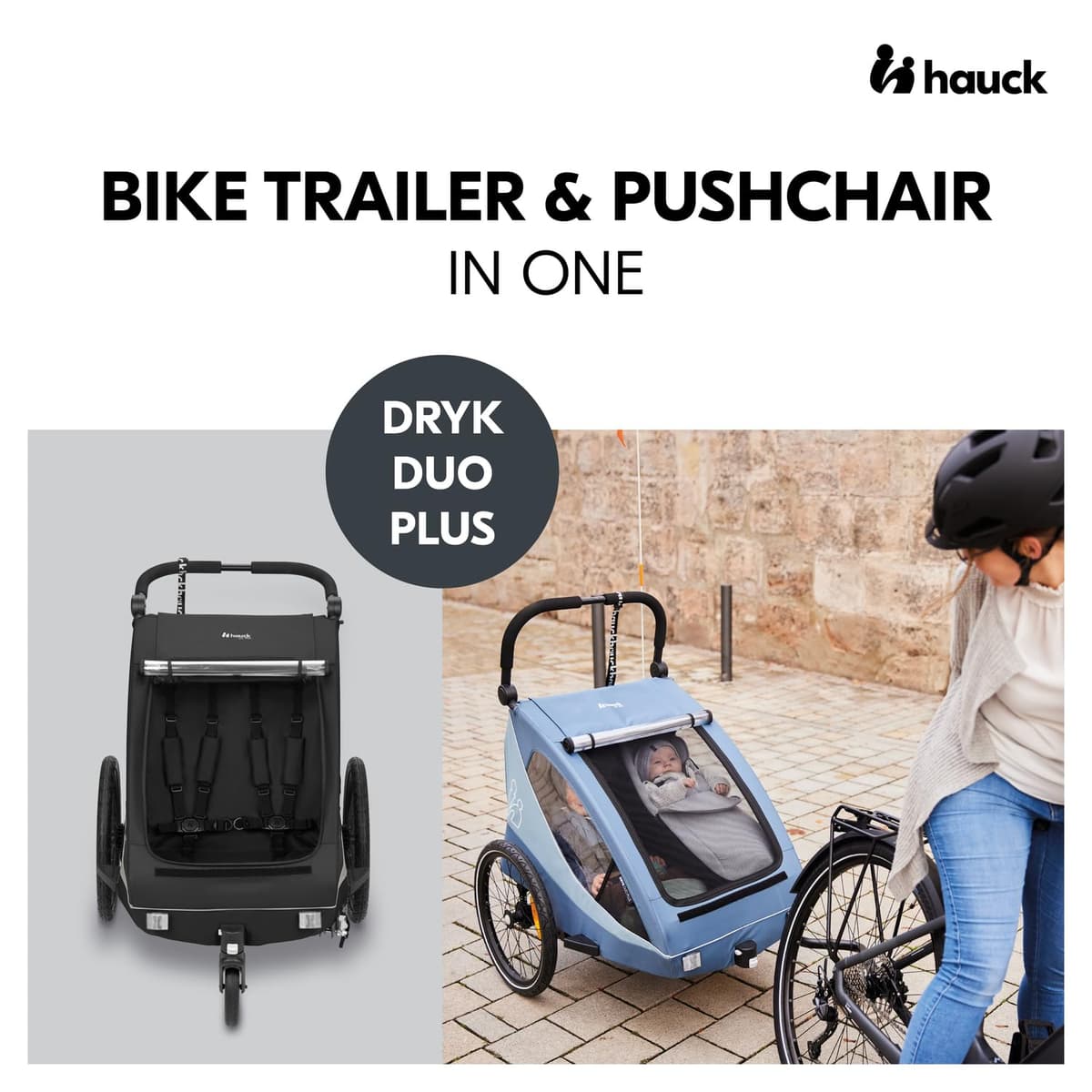 hauck Dryk Duo Plus, Black - 2in1 Kids Bike Trailer & Pushchair with Suspension 2 Seats Folding Bicycle Trailer with XL Storage, Tow Bar, Hitch, Pennant, Stroller Wheel & LED Rear Light — view 3
