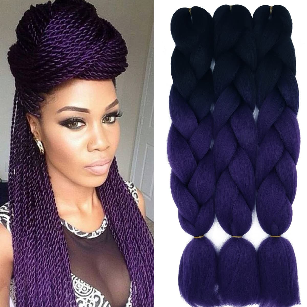 24" Braiding Hair Extension Jumbo Braids Synthetic 3bundles/pack Crochet Hair Afro Box Braid Heat Resistent (Dark Purple) — view 68