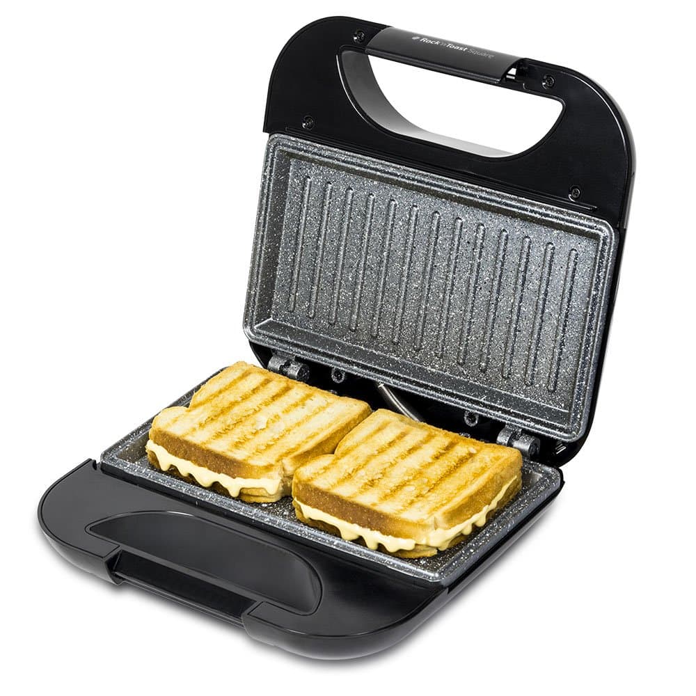 Cecotec Sandwich Maker with Non-Stick Coating Rock'nToast Square. 750 W, Stone Coating, Capacity for 2 Sandwiches and Grill Surface, Cold Touch Handle, Cable Catcher