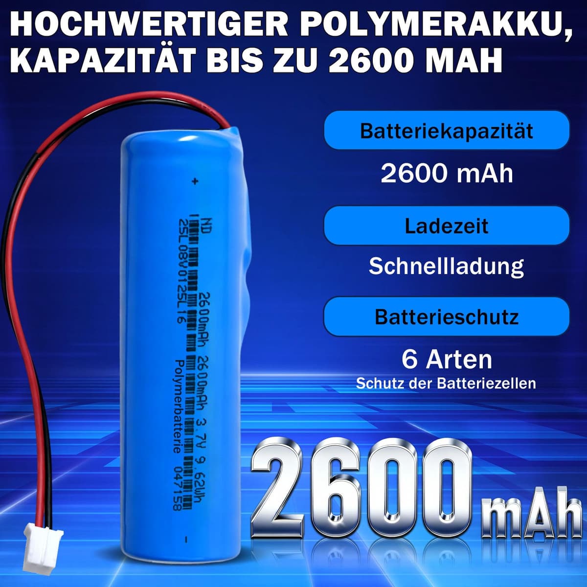 Batería recargable de iones de litio de 3,7 V 2600 mAh con conector XH2.54/2P. Comprueba antes de comprar la polaridad del dispositivo y del conector (1 pieza, 2600 mAh PH2.0) — view 2