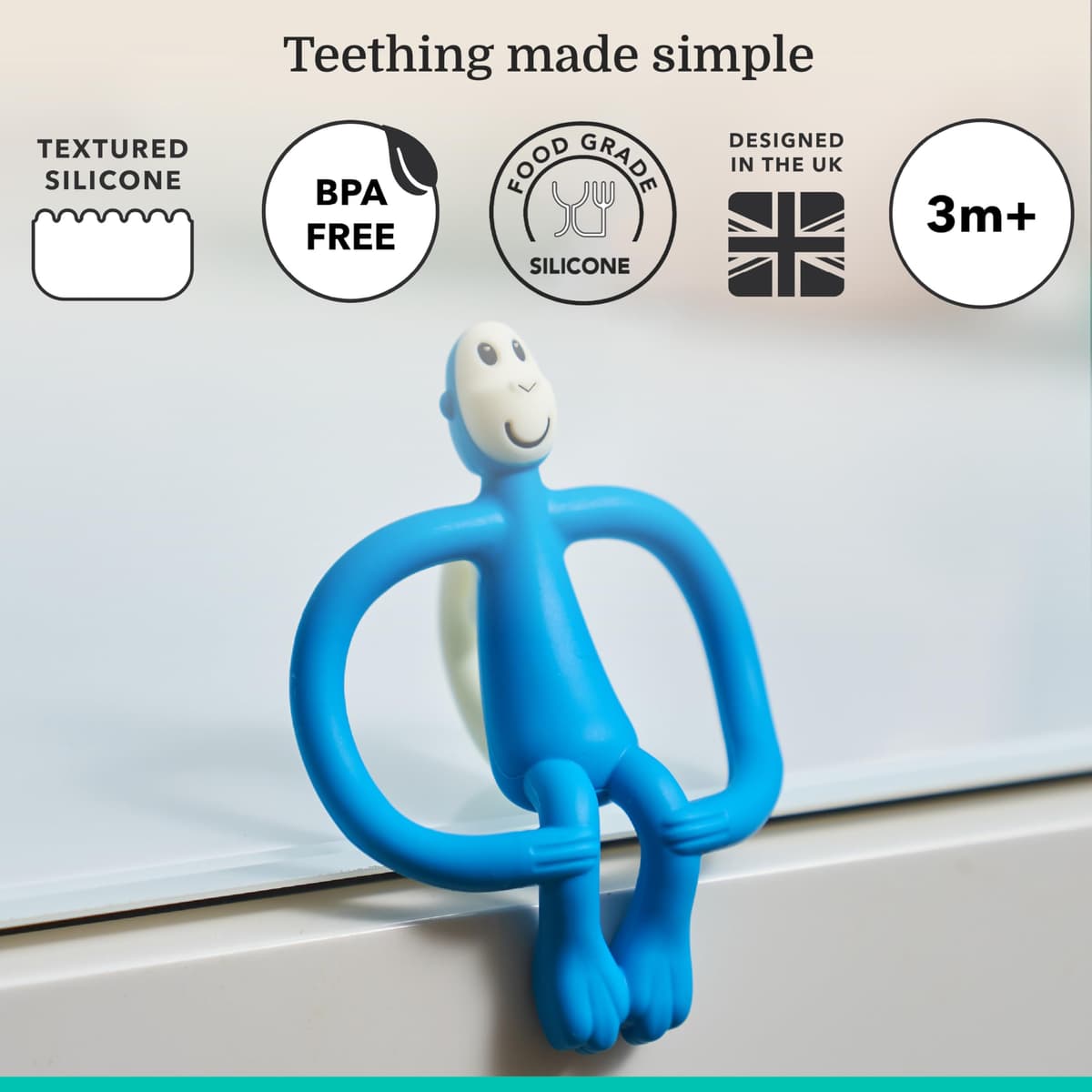 Matchstick Monkey, Original Teether & Gel Applicator, Antimicrobial Silicone Teething Toys for Baby, Easy to Grip, BPA Free, 3 Months Old+, 10.5 cm, Blue Monkey — view 3