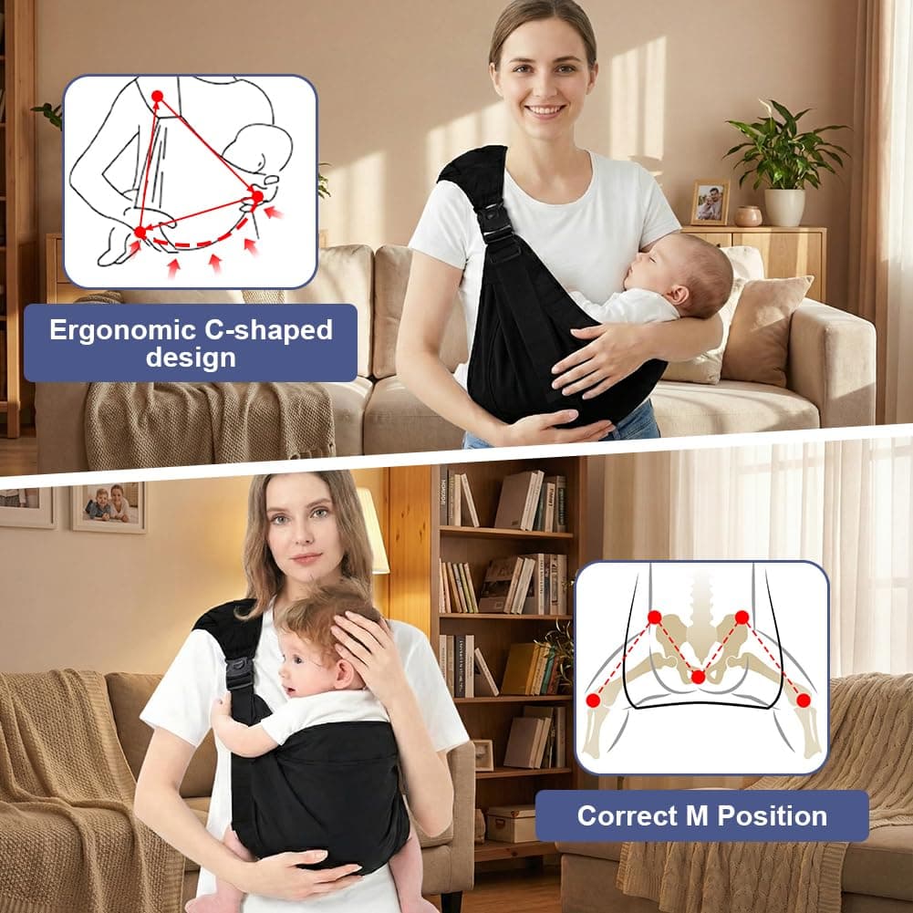 Baby Carrier, Portable Toddler Sling Carrier with Adjustable Thick Shoulder Straps, Soft Baby Sling for Newborn Up to 3-24 Months, Breathable and Comfortable(Black) — view 5