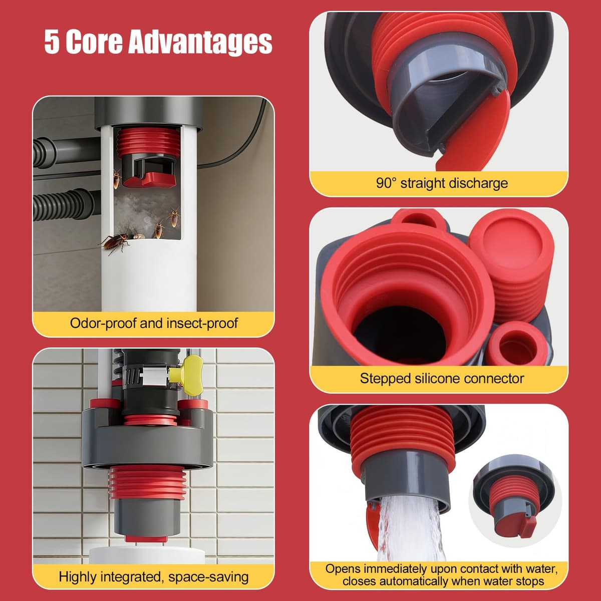 Adaptador de Desagüe para Lavadora y Lavavajillas de 4 Vías, Conector de Drenaje DN 50/75 para Fregadero de Cocina, Sistema Anti-olor y Sellado de ABS Rojo y Gris, Divisor de Tubería de Desague, 1pc — view 5